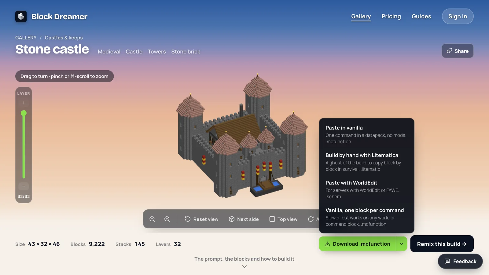 The download menu open on the stone castle: four ways to place the build, above its size, block and stack counts