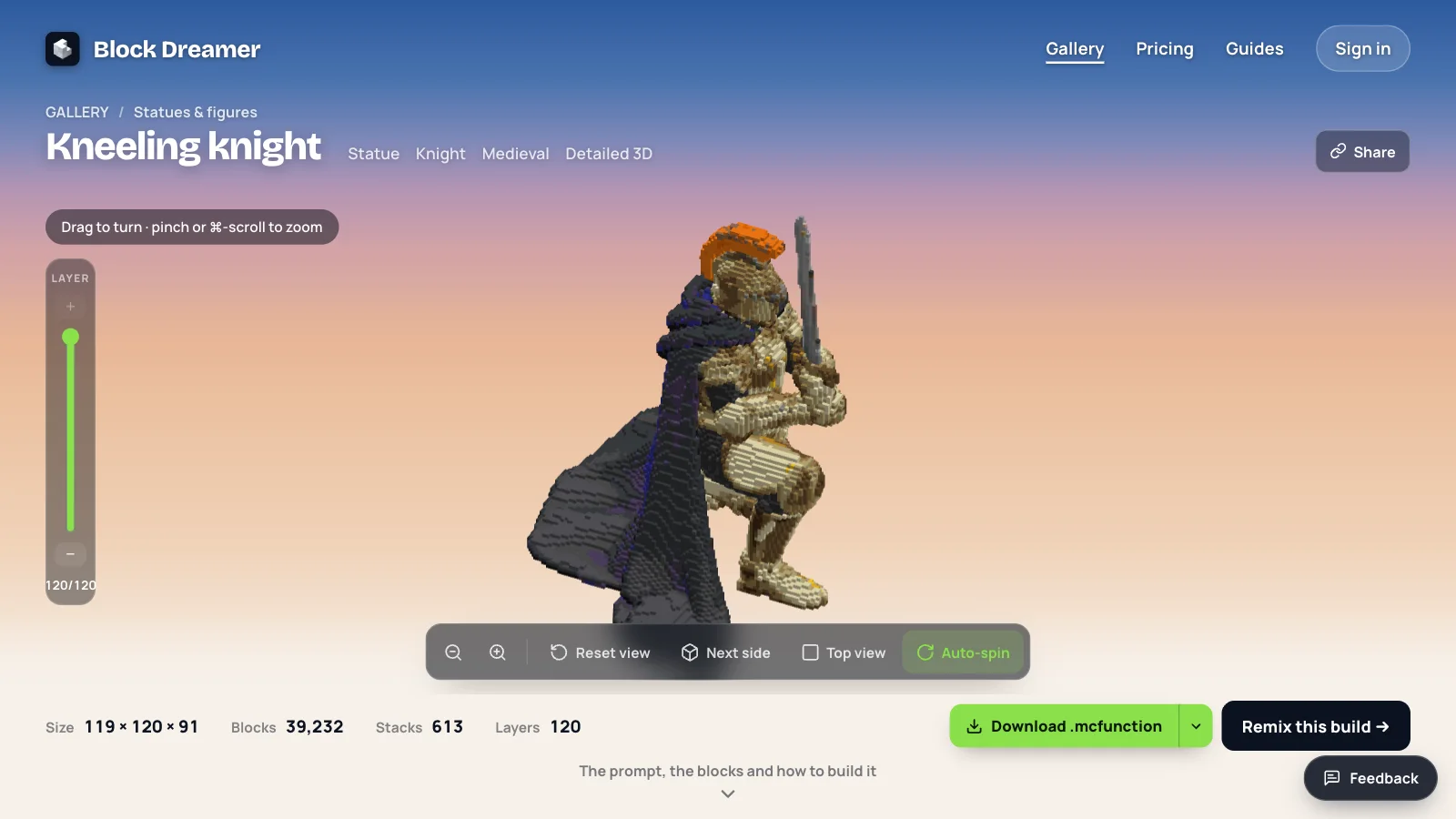 The Detailed 3D kneeling knight, 120 blocks tall, carved from a 3D model