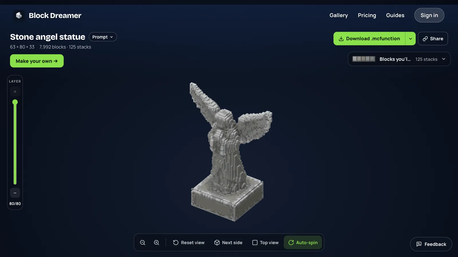 A stone angel statue with wings spread, standing on a plinth, 80 blocks high