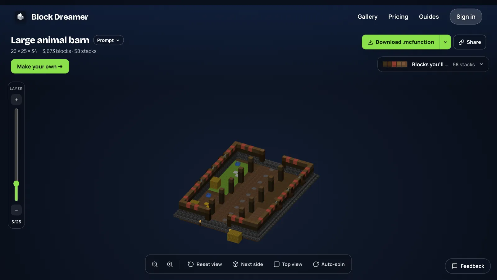 The animal barn cut at layer 5 of 25, showing an open hall with two rows of dark oak posts and a grass patch with water at one end