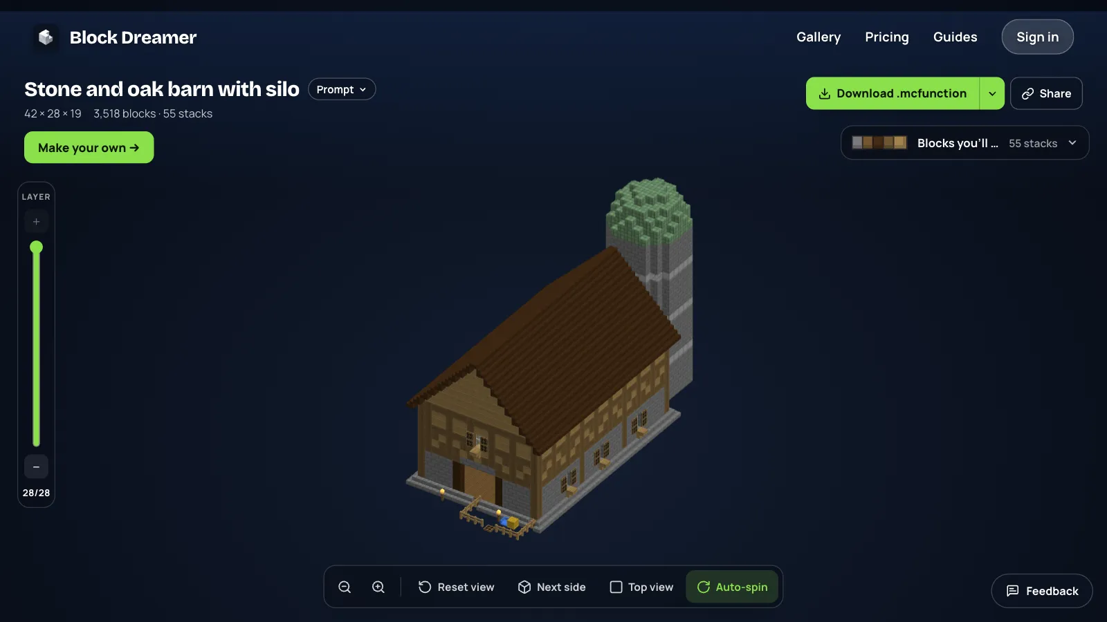 A stone and oak barn with a round stone silo topped by a green copper dome