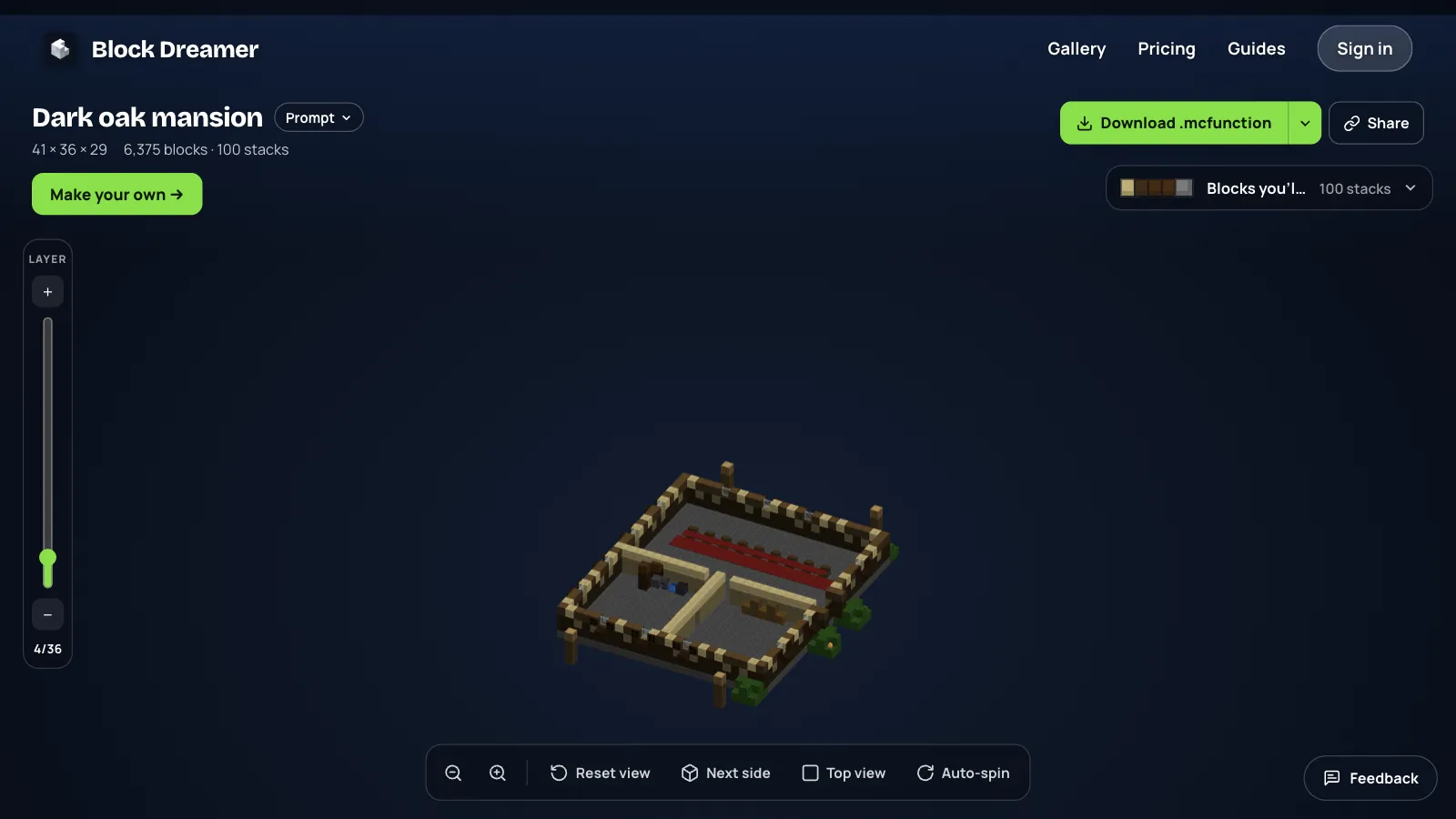 The dark oak mansion cut at layer 4 of 36, showing the great hall with a red carpet and rooms walled off in birch