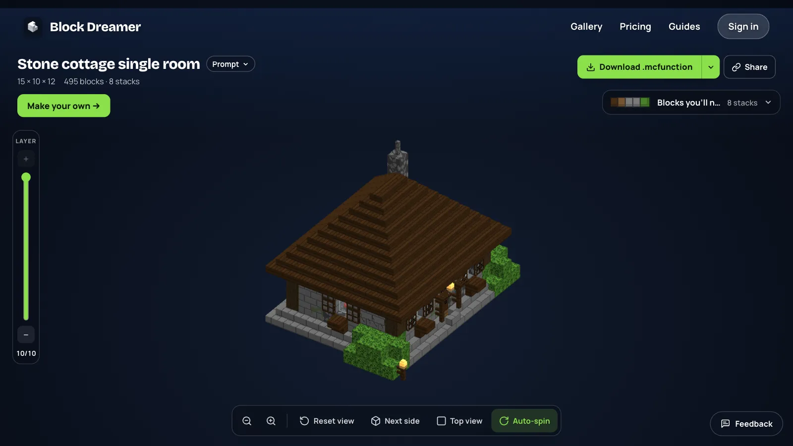 A stone cottage under a dark oak hip roof that slopes on all four sides, with a chimney