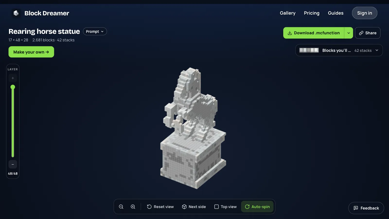 A rearing horse statue in white stone on a tall square plinth, 48 blocks high