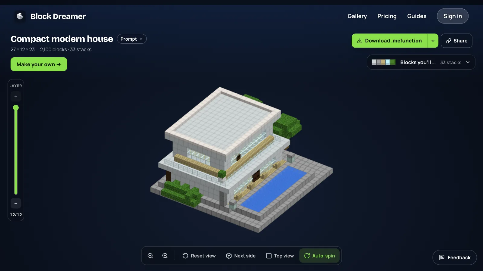 A modern Minecraft house with flat roofs, white concrete walls, glass walls and a pool on a stone terrace