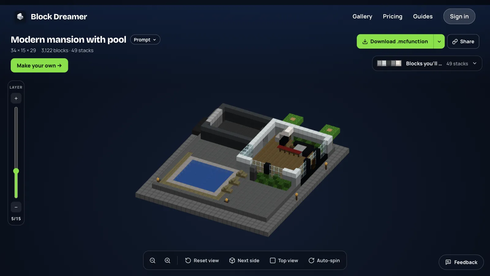 The modern mansion cut at layer 5 of 15, showing the open living room with glass walls facing the pool and the garage beside it