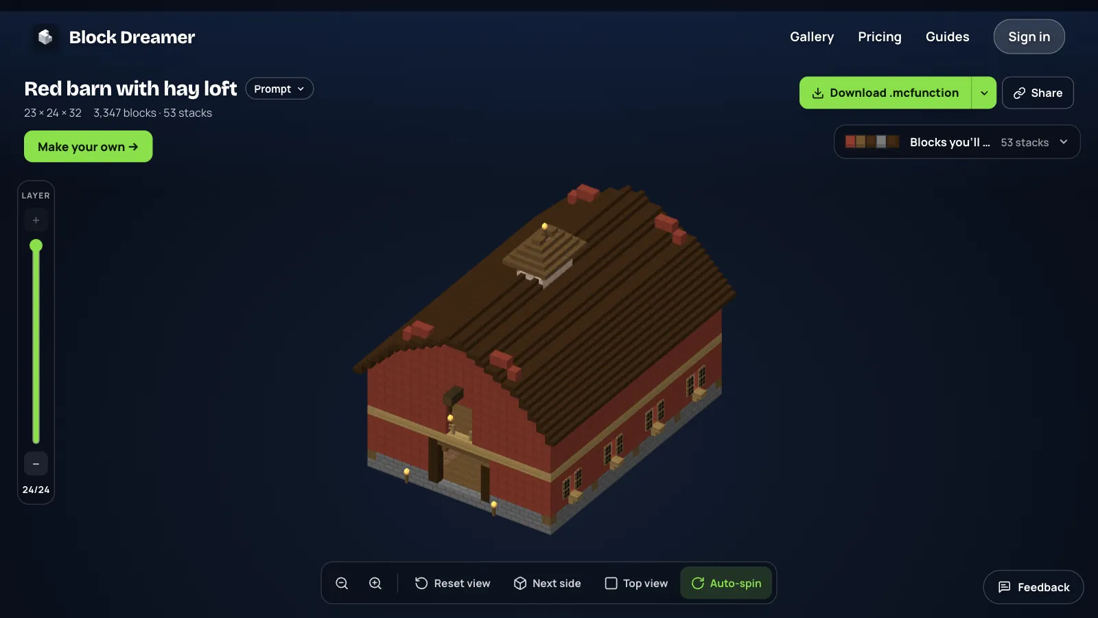A red barn with a curved dark roof, a hay loft door and a stone foundation