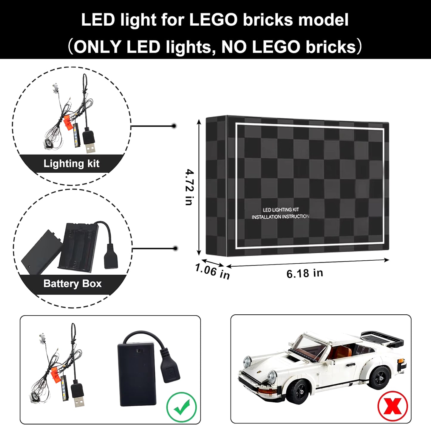 LED Light for 10295 Creator Expert Porsche 911 Car Decorative Lamp with Battery Box (Not Include Lego Building Blocks)