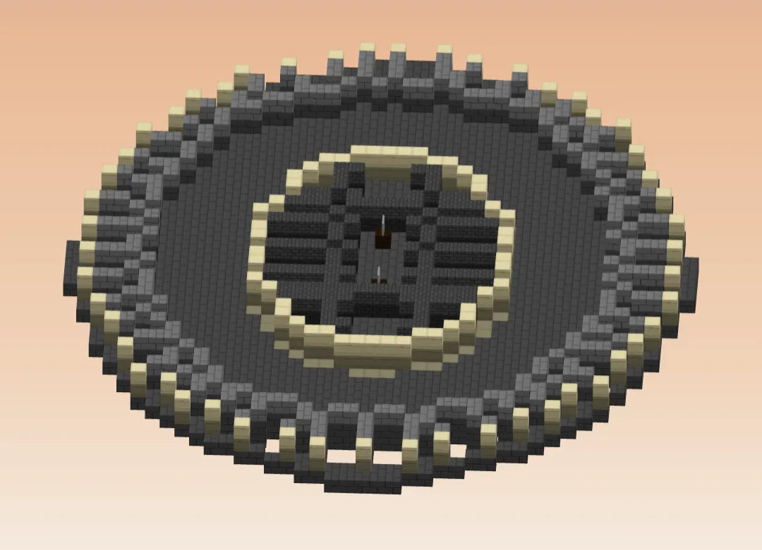 The colosseum cut off at layer 3: a ring of sandstone round a grid of dark cell walls under the arena