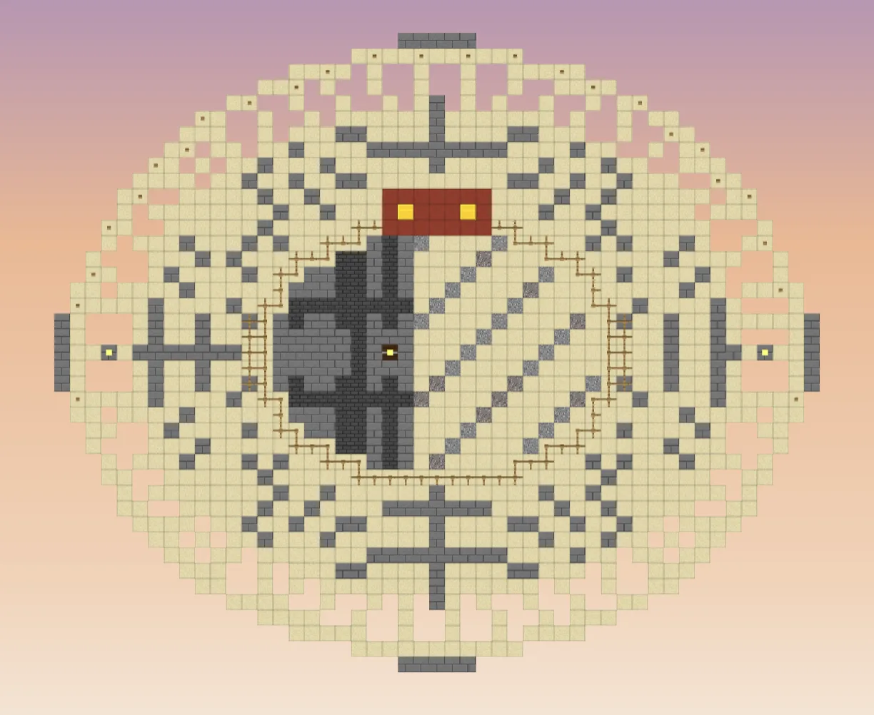 The Minecraft colosseum seen from straight above: an oval of sandstone seats round an arena floored on one half