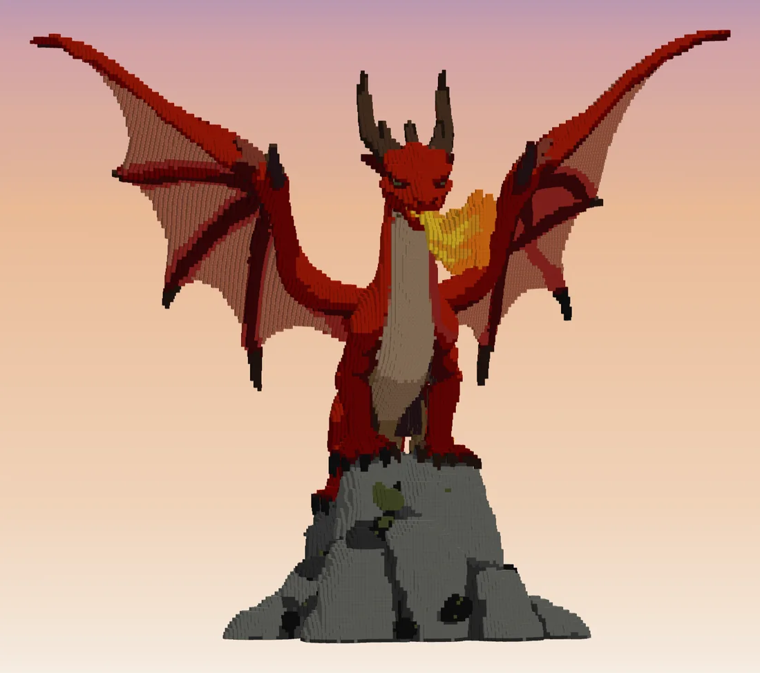 The Minecraft red dragon from the front: a red dragon with a pale belly and brown horns standing on a grey rock, both wings raised and spread, orange fire at its mouth