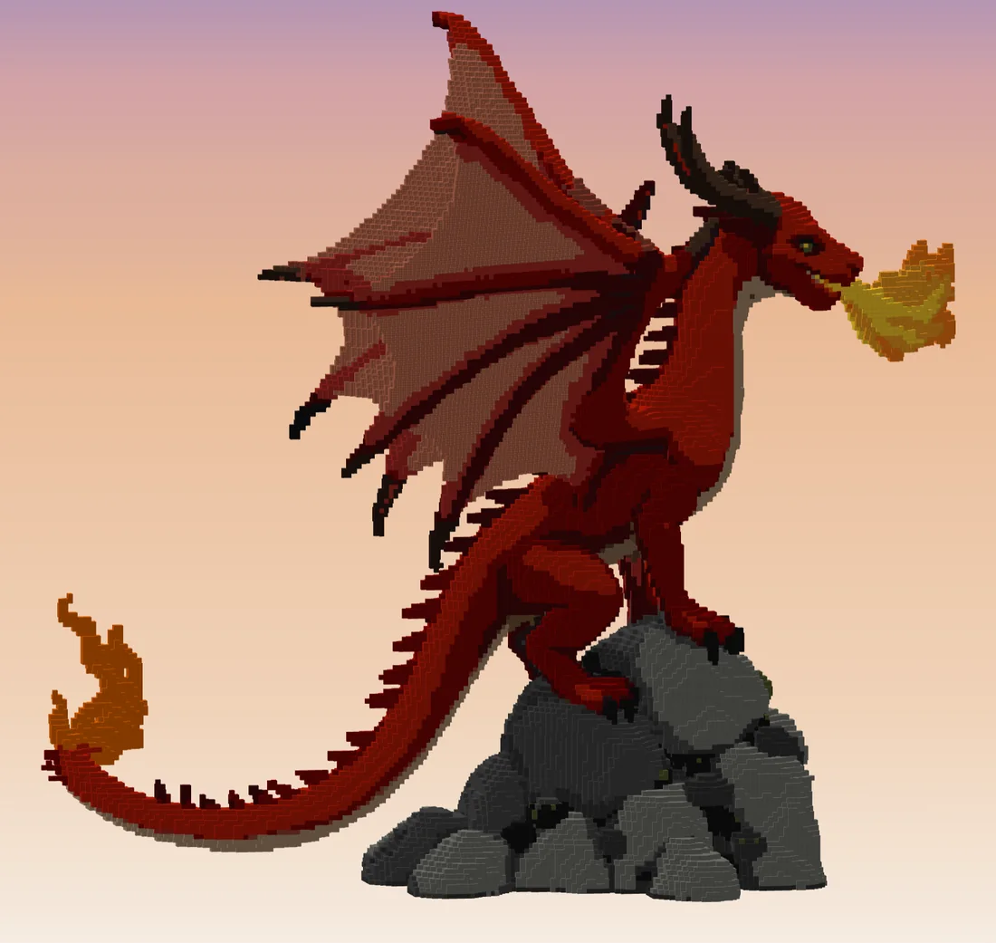 The red dragon from the side: fire in yellow and orange blocks in front of its open mouth, the tail running out behind the rock to a second flame in orange at its tip