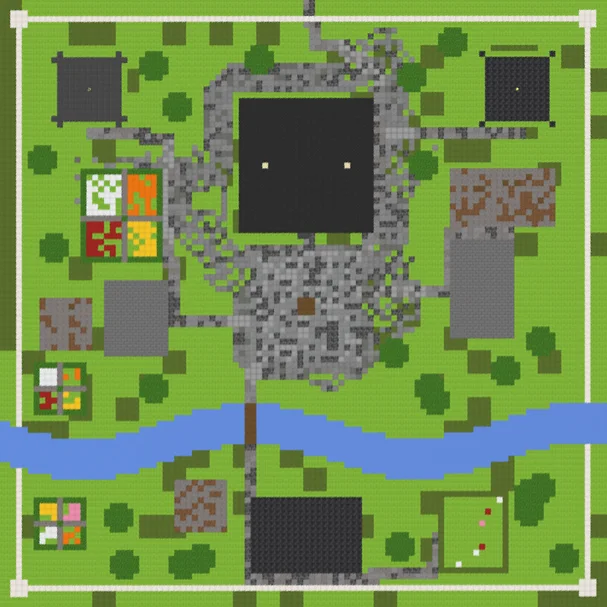 The Minecraft Japanese castle from straight above: a square white wall, the dark roof of the keep on a patch of grey rock, two turret roofs in the north corners, a river across the grounds and flower beds in four colours