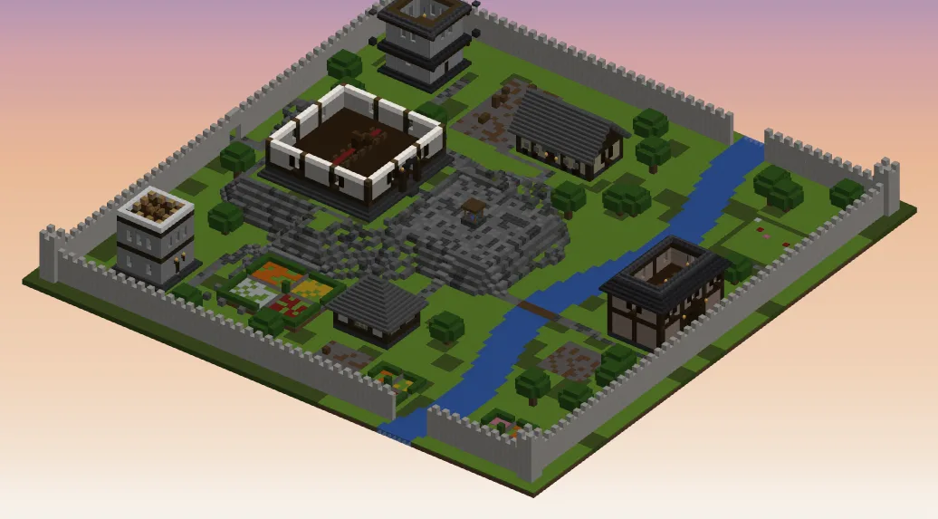 The Japanese castle cut off at layer 12: the keep open on its rock, showing white walls and a dark floor, the two turrets and the gatehouse cut through, the tea house and the armory under their roofs