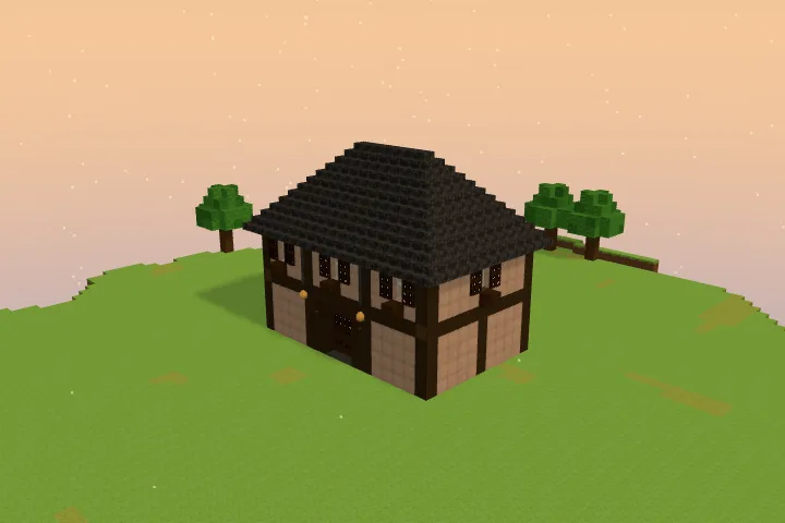 The gatehouse alone: two storeys of pale walls in a dark frame under one dark hipped roof, with a wide doorway