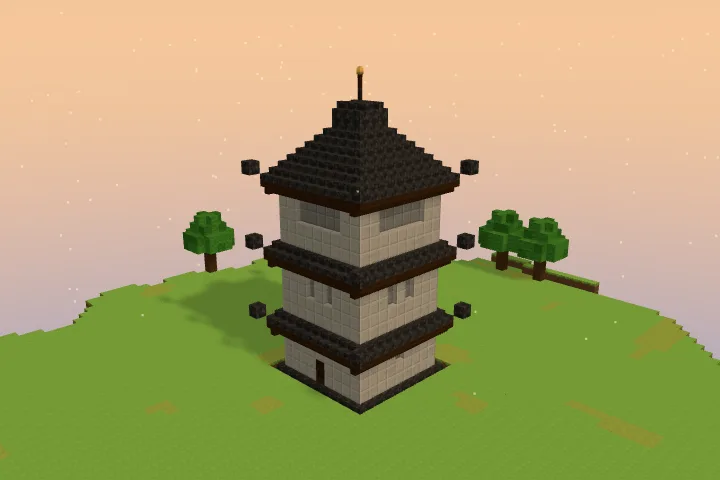 The north-east turret alone: a square tower of three floors with curved dark eaves and a dark roof with a finial
