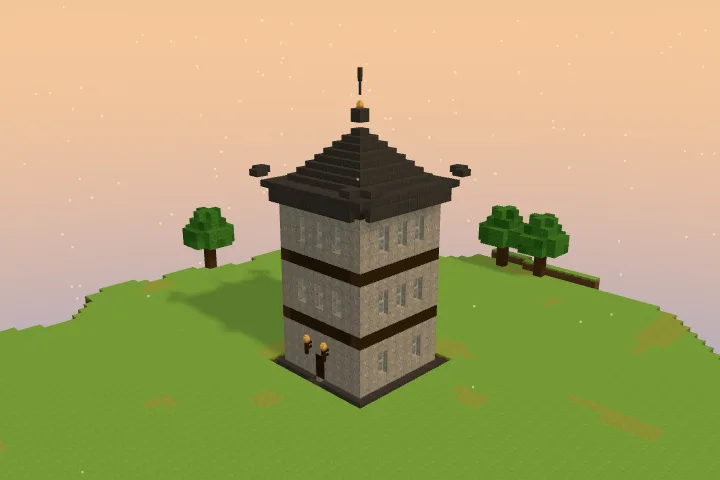 The north-west turret alone: a square tower of three floors in pale stone with a dark eave at each floor and a dark pointed roof