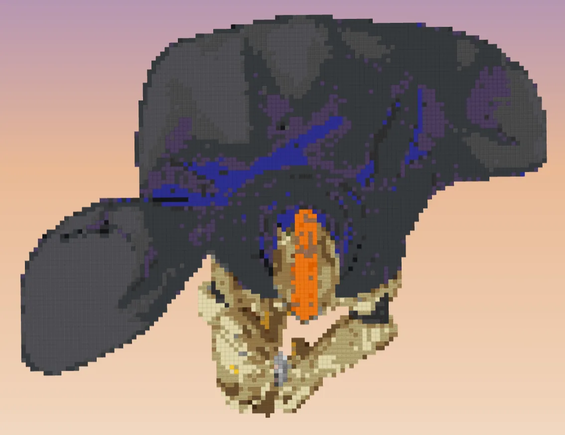 The Minecraft knight statue from straight above: the orange crest of the helmet, tan armour, and a dark cape spread over most of the ground it covers