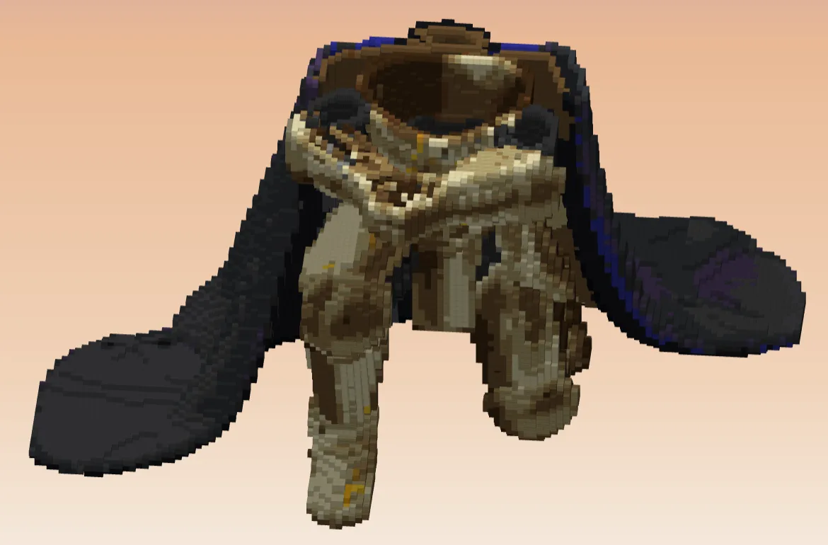 The knight statue cut off at layer 61, across the chest: the open top shows the empty inside, above the legs and the dark cape