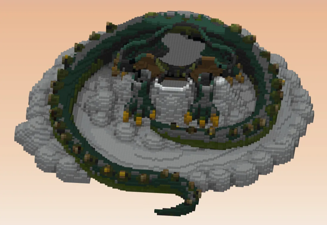 The dragon build cut off at layer 23: a ring of pale rock with the green body coiled round it and gold claws gripping it, open at the top