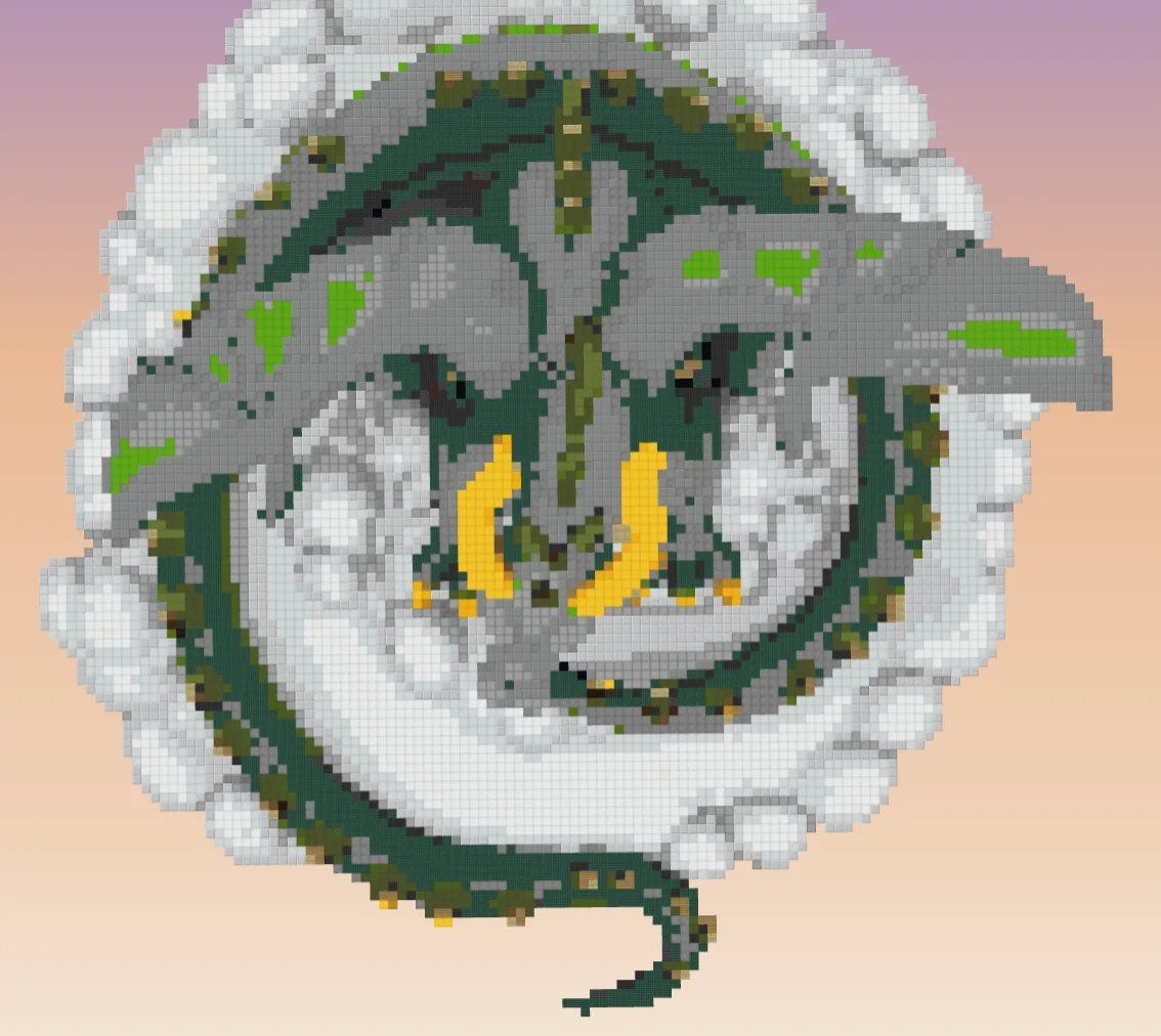 The Minecraft dragon build from straight above: a dark green dragon with grey wings and gold horns coiled round a pale ring of rock