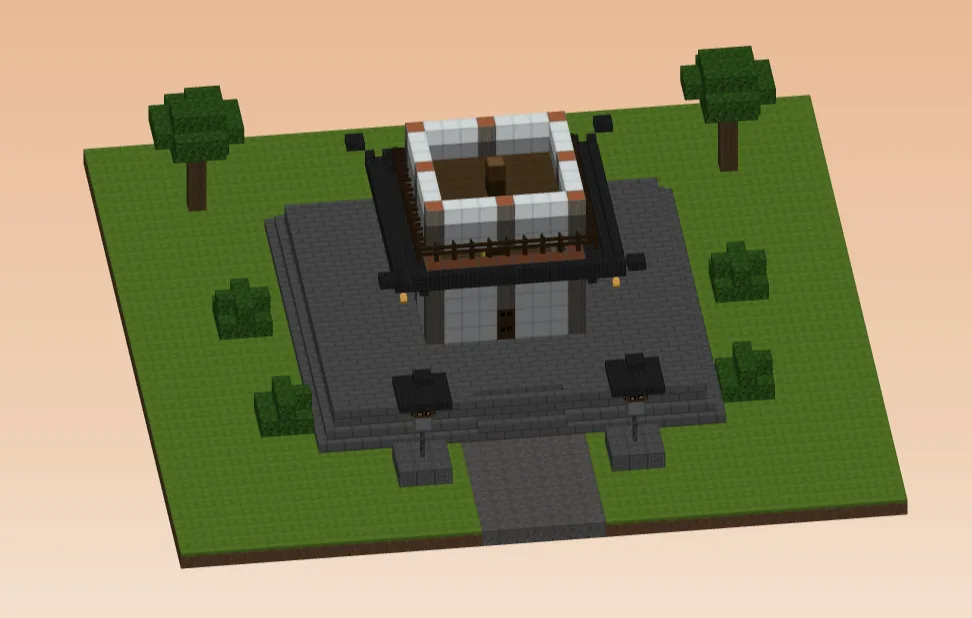 The Minecraft pagoda cut off at layer 12, looking down into the second storey: a spruce floor, a log post in the middle and a fence rail round the balcony