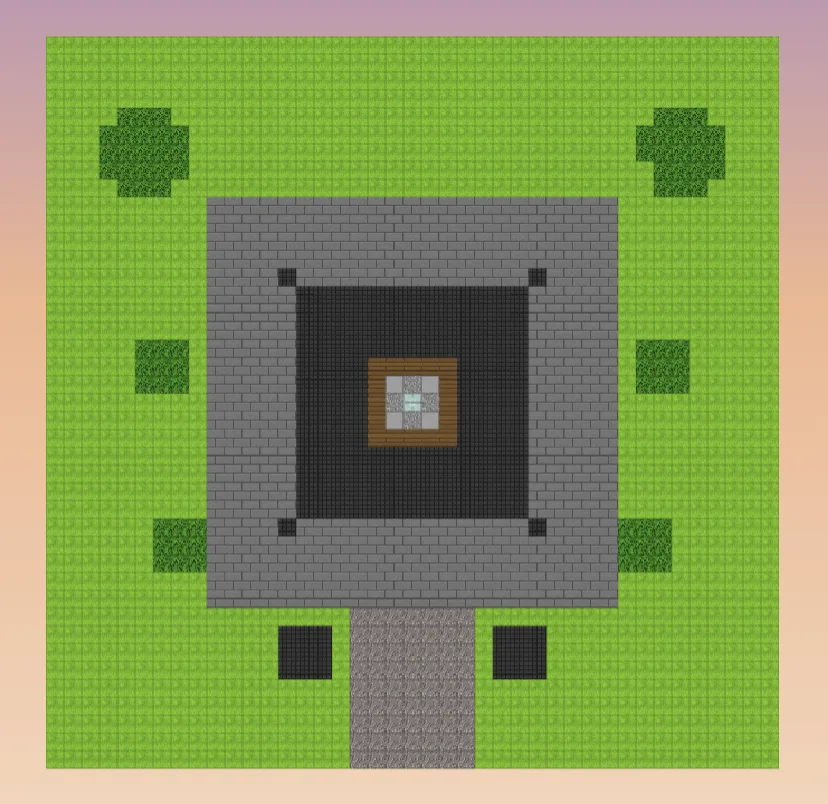 The Minecraft pagoda and its lawn from straight above: a square of grass, a gravel path to the steps, two stone lanterns and trees in the corners