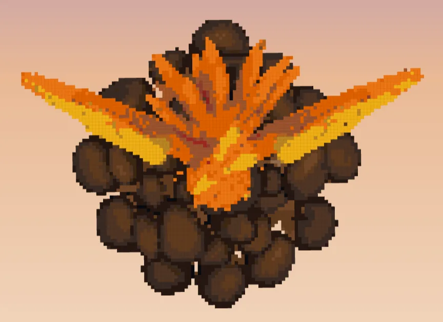 The Minecraft phoenix statue from straight above: two long wings in orange and yellow reaching past a round pile of dark rock