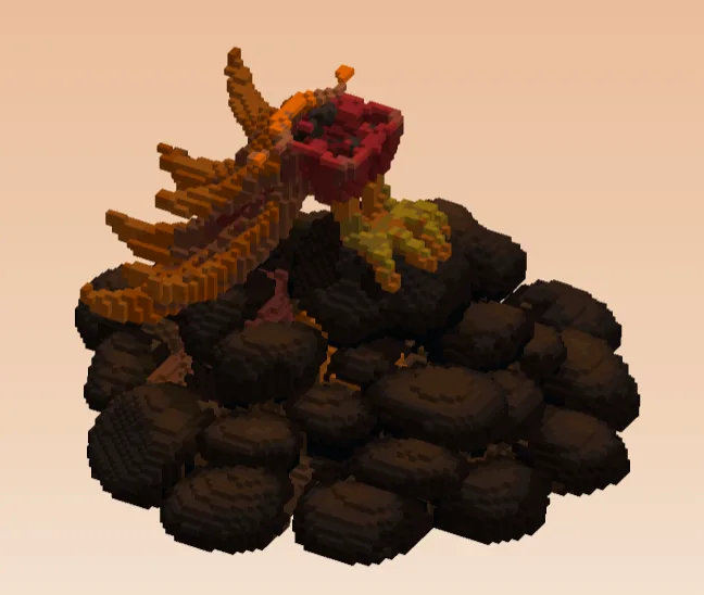 The phoenix statue cut off at layer 45: the pile of dark rock with the legs, tail and red body of the bird standing on it, before the wings