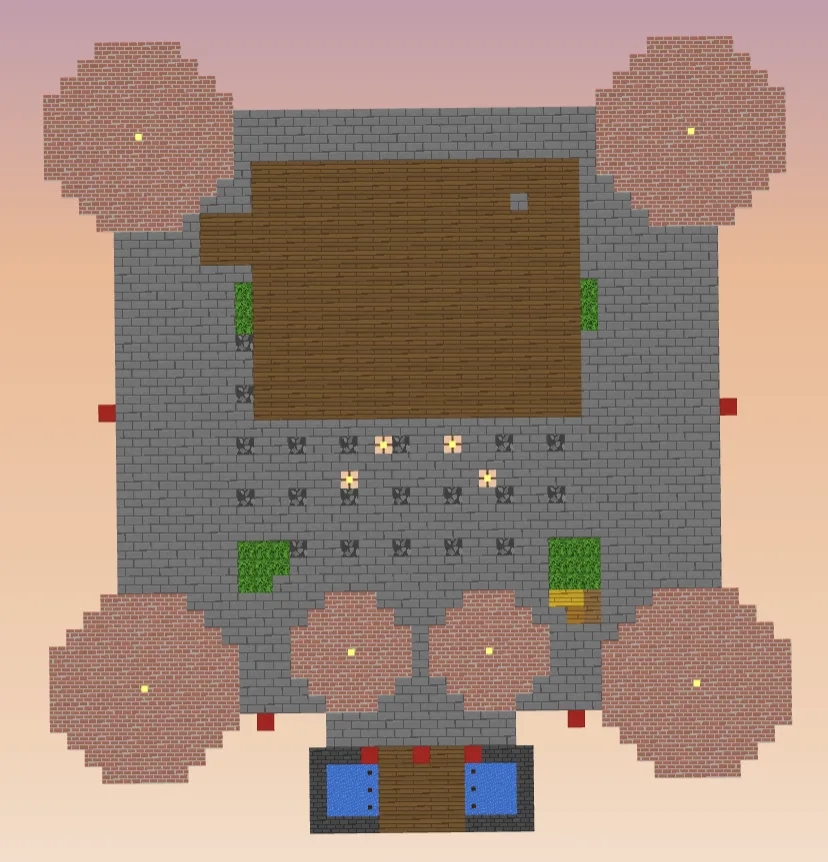 The Minecraft stone castle from straight above: six red cone roofs, a hall with a spruce roof inside the walls, and a pool of water outside the gate