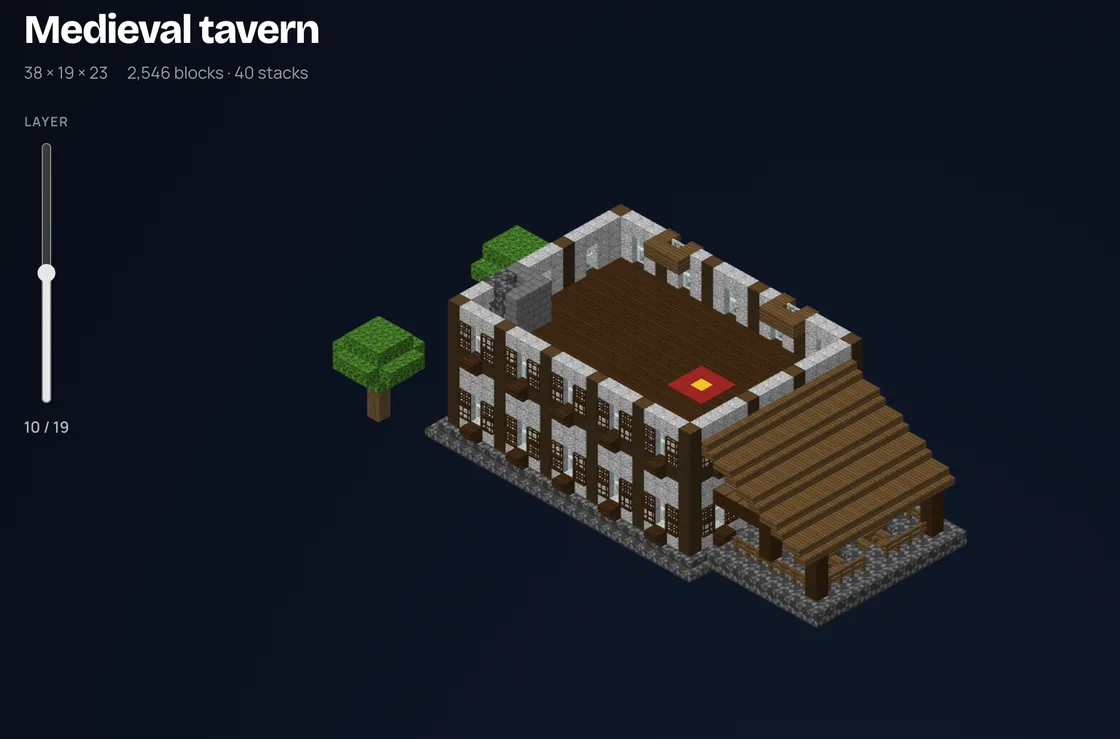 A generated medieval tavern cut at layer 10 of 19, showing the rooms inside