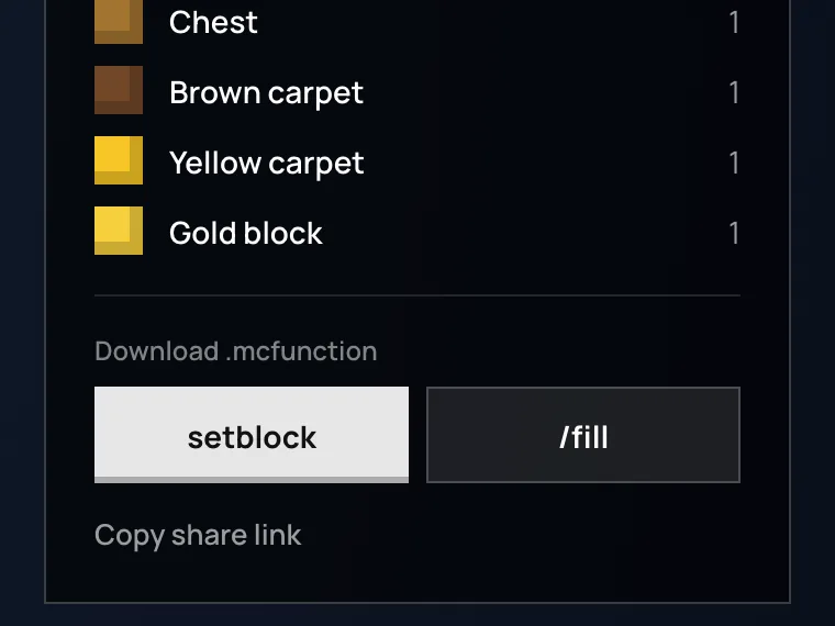 Download buttons for the setblock and /fill .mcfunction files, under the block list