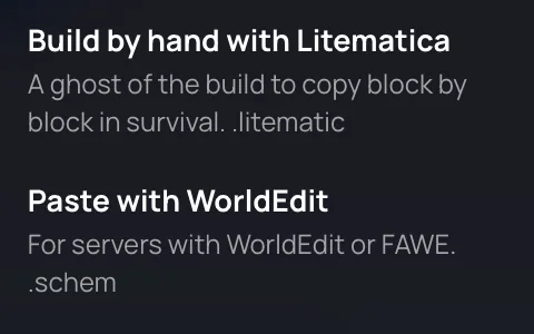 The download menu’s two schematics: build by hand with Litematica, or paste with WorldEdit or FAWE