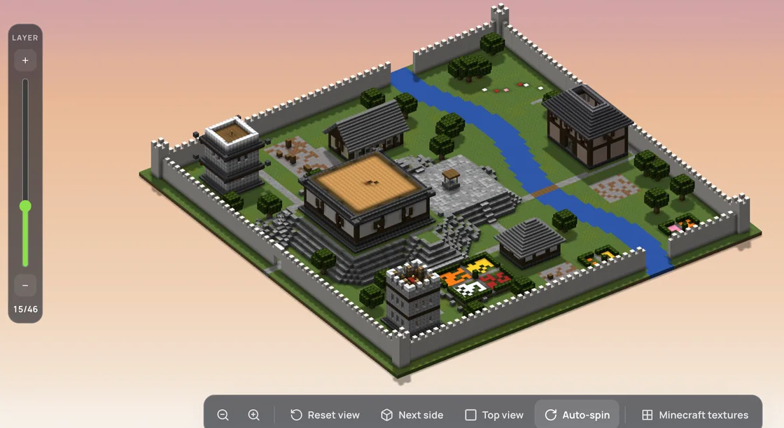 The Japanese castle cut partway up with the layer bar, its keep open to show the floor inside