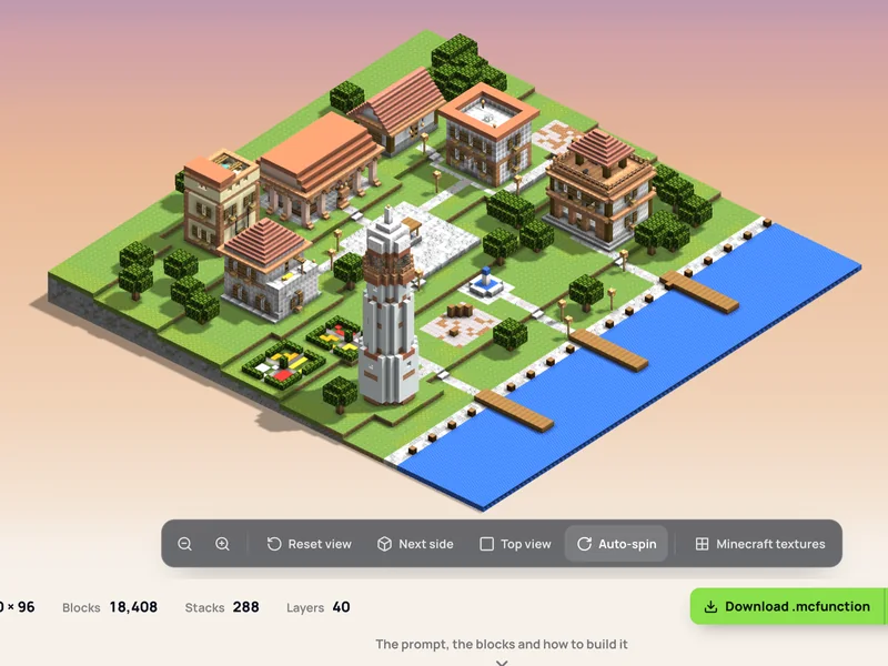 A generated harbor town in the 3D view, beside the layer bar and the view tools