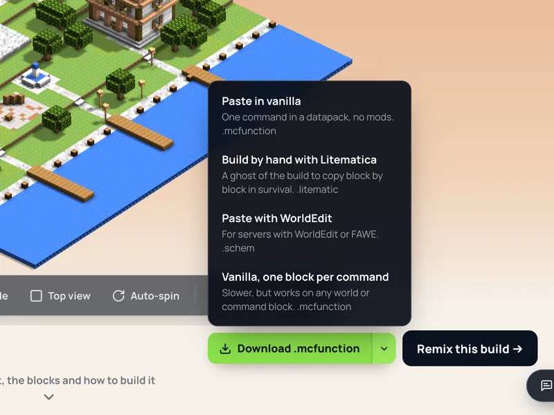 The download menu open under the harbor town: Litematica, WorldEdit and two ways without mods